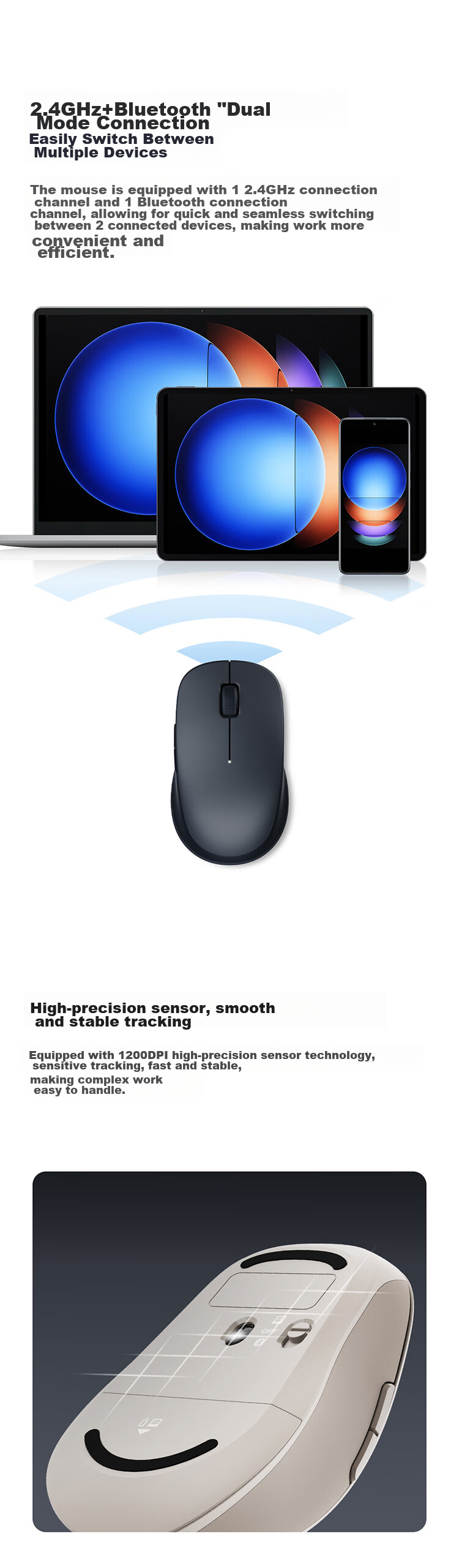 MI Wireless Bluetooth Dual-Mode Mouse 2, окисленный белый, беспроводная мышь 2.4G, Bluetooth мышь, бесшумная работа, для настольных компьютеров и ноутбуков