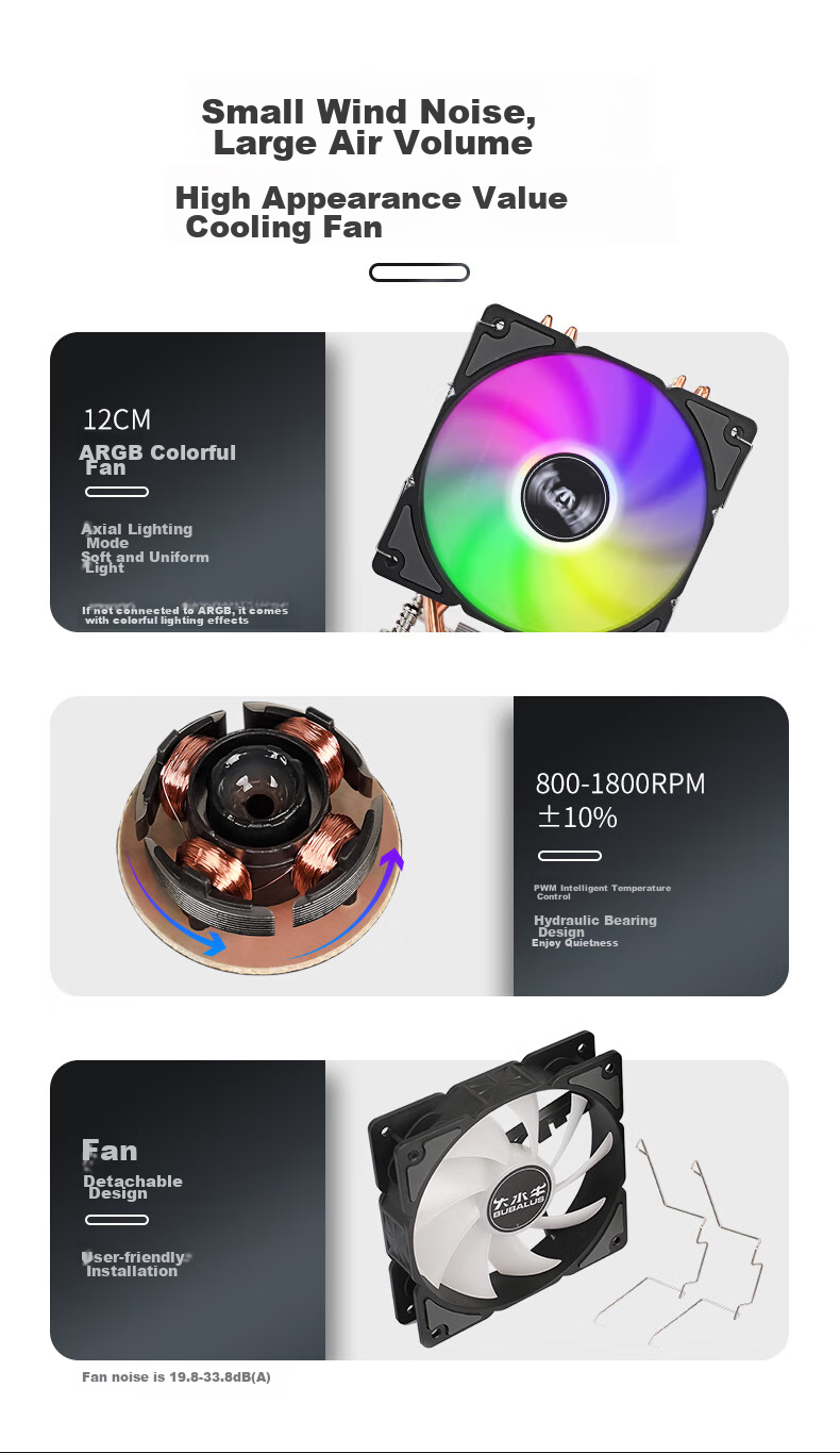 Кулер для процессора BUBALUS T61A, 6 тепловых трубок, ARGB подсветка, Intel LGA1700/1200/115X, 12см PWM вентилятор