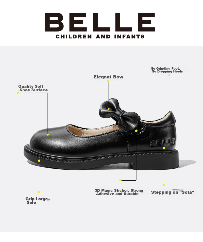 Детские туфли Belle, весна-осень 2025, кожаные туфли для девочек, черные, размер 28