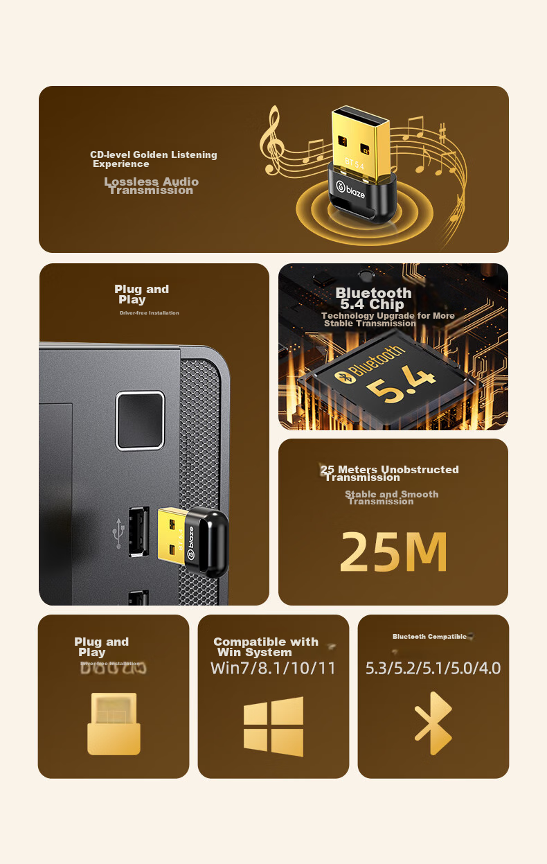 USB Bluetooth адаптер BIAZE 5.4, внешний модуль для ноутбуков и настольных компьютеров, для подключения клавиатуры, мыши, аудиоколонок, беспроводных наушников