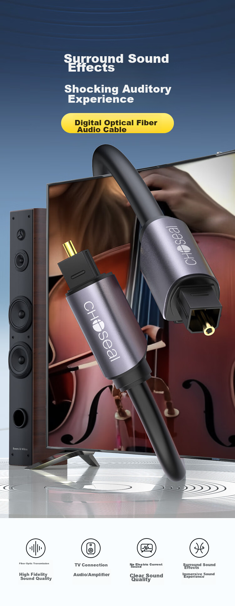 Цифровой оптический аудиокабель CHOSEAL QS1106A, 3 метра, для ТВ, DVD, проектора, усилителя, домашнего кинотеатра, SPDIF