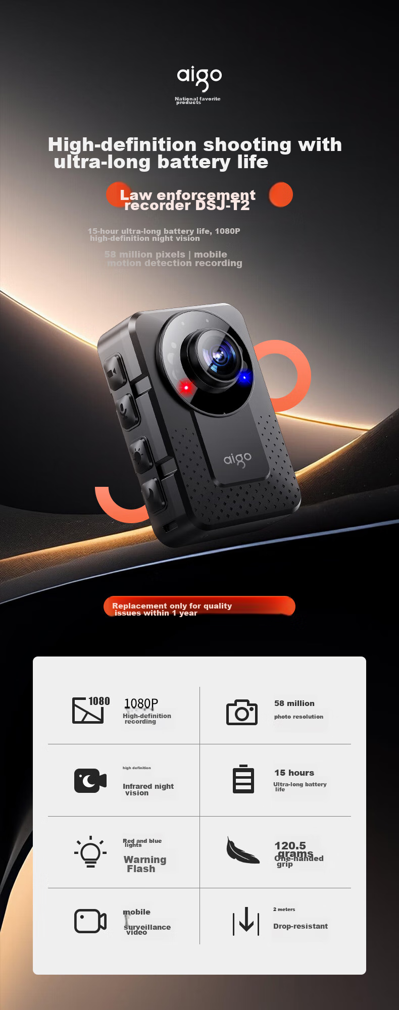 Aigo T2-32G - Компактный видеорегистратор с аудио и видеозаписью, 1080p, ночное видение, 15 часов работы