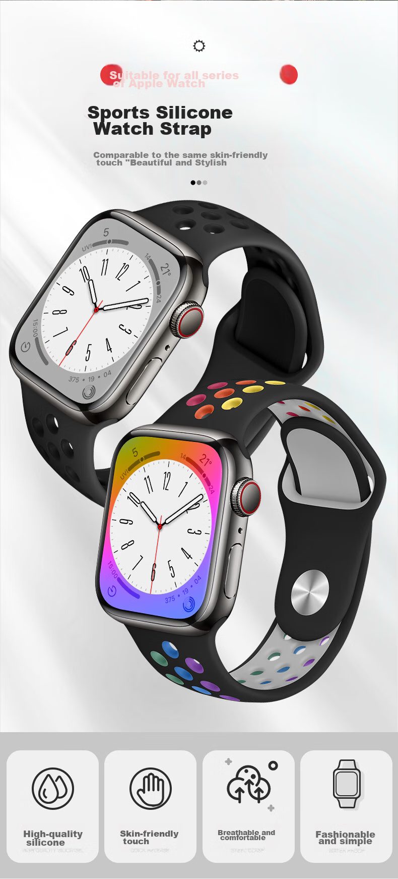 Ремешок BHO для Apple Watch S11/Ultra3/S10 Sport Bands, совместимый с IWatch S9/8/7/6/SE3/2/1, силиконовый, с дышащими отверстиями