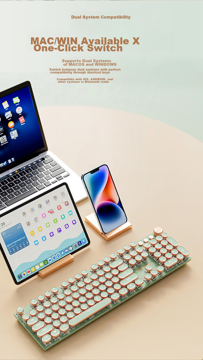 Механическая клавиатура EWEADN V20, беспроводная, Bluetooth, 104 клавиши, розовый переключатель, зеленый, белый