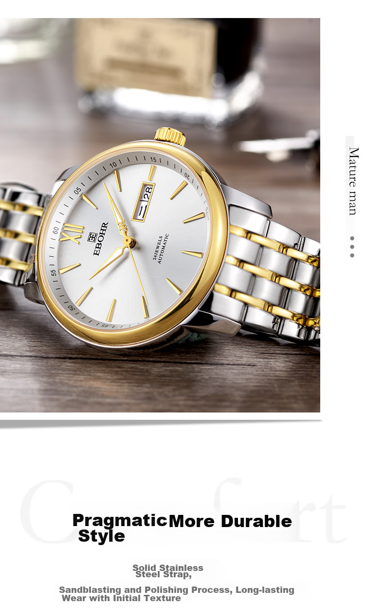 Мужские часы EBOHR Master Series 51879418 с автоматическим механическим механизмом, золотистый браслет из нержавеющей стали, водонепроницаемость 50 м, сапфировое стекло