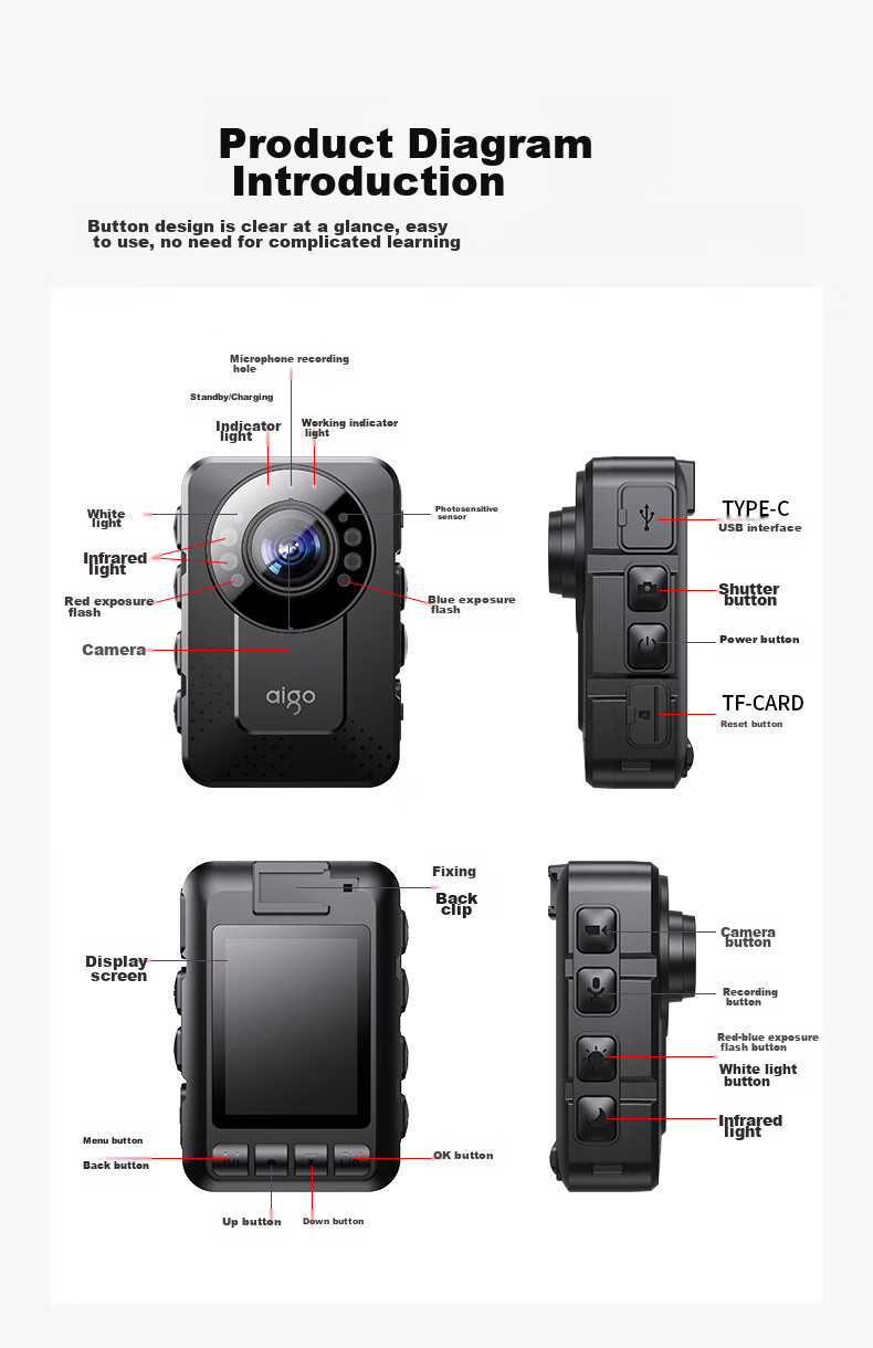 Aigo T2-32G - Компактный видеорегистратор с аудио и видеозаписью, 1080p, ночное видение, 15 часов работы