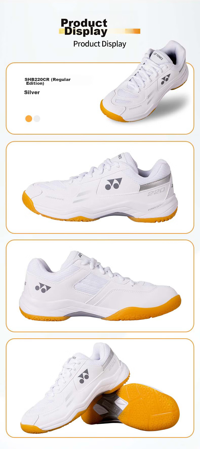 Кроссовки для бадминтона YONEX SHB220CR, износостойкие, амортизирующие, нескользящие, удобные, для соревнований и тренировок, белый и серебристый, размер 41