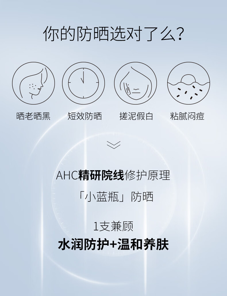 AHC纯净温和小蓝瓶防晒霜轻盈隔离遮瑕三合一SPF50+男女敏感肌可用
