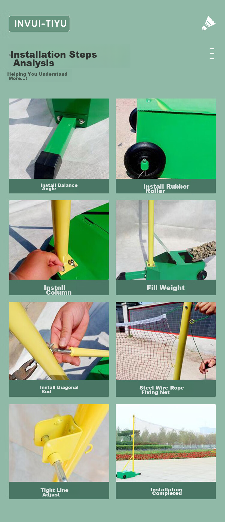 Стойка для бадминтонной сетки INVUI с сеткой, стандартная, для помещений и улицы, портативная, для тренировок и соревнований, зеленая