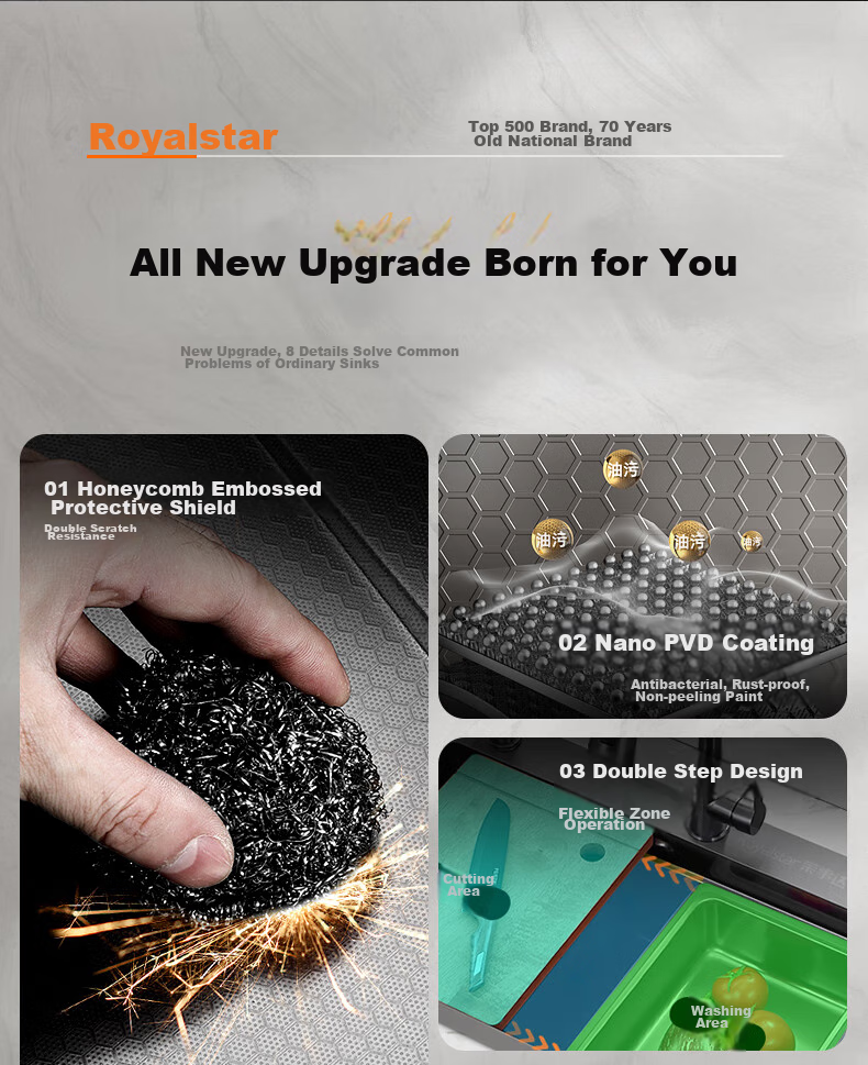 Кухонная мойка Royalstar, нержавеющая сталь, нано-соты, устойчивая к царапинам, двойная конструкция с выдвижным смесителем, 68x45 см
