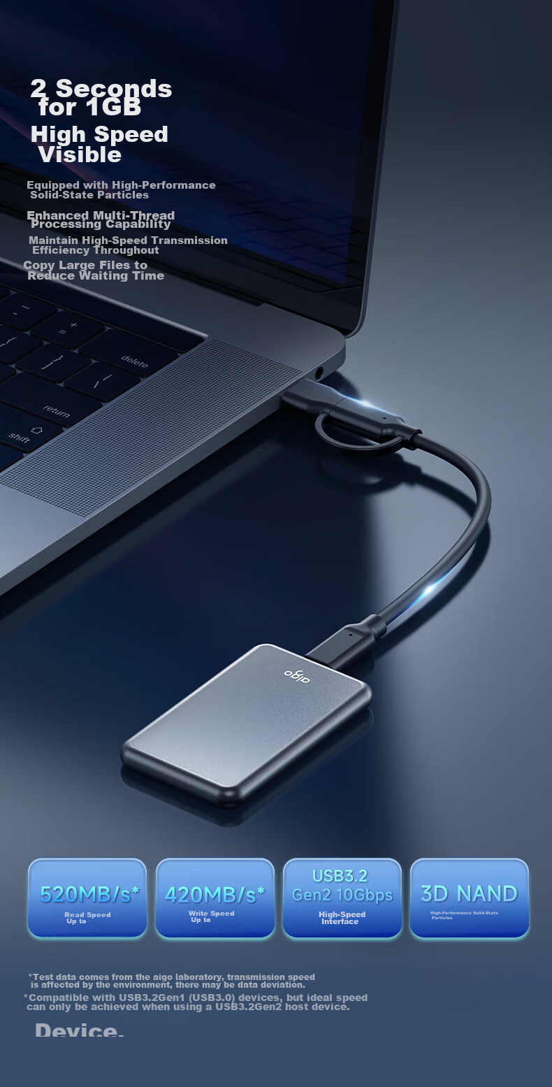 Портативный твердотельный накопитель Aigo 1TB, USB 3.2 Type-C, 520 МБ/с, внешний SSD