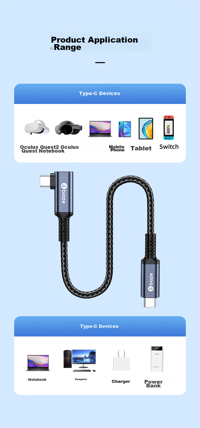 Кабель BIAZE VR для Oculus Quest 2, USB Type-C 3.0, 3 метра, для передачи данных и зарядки, угловой