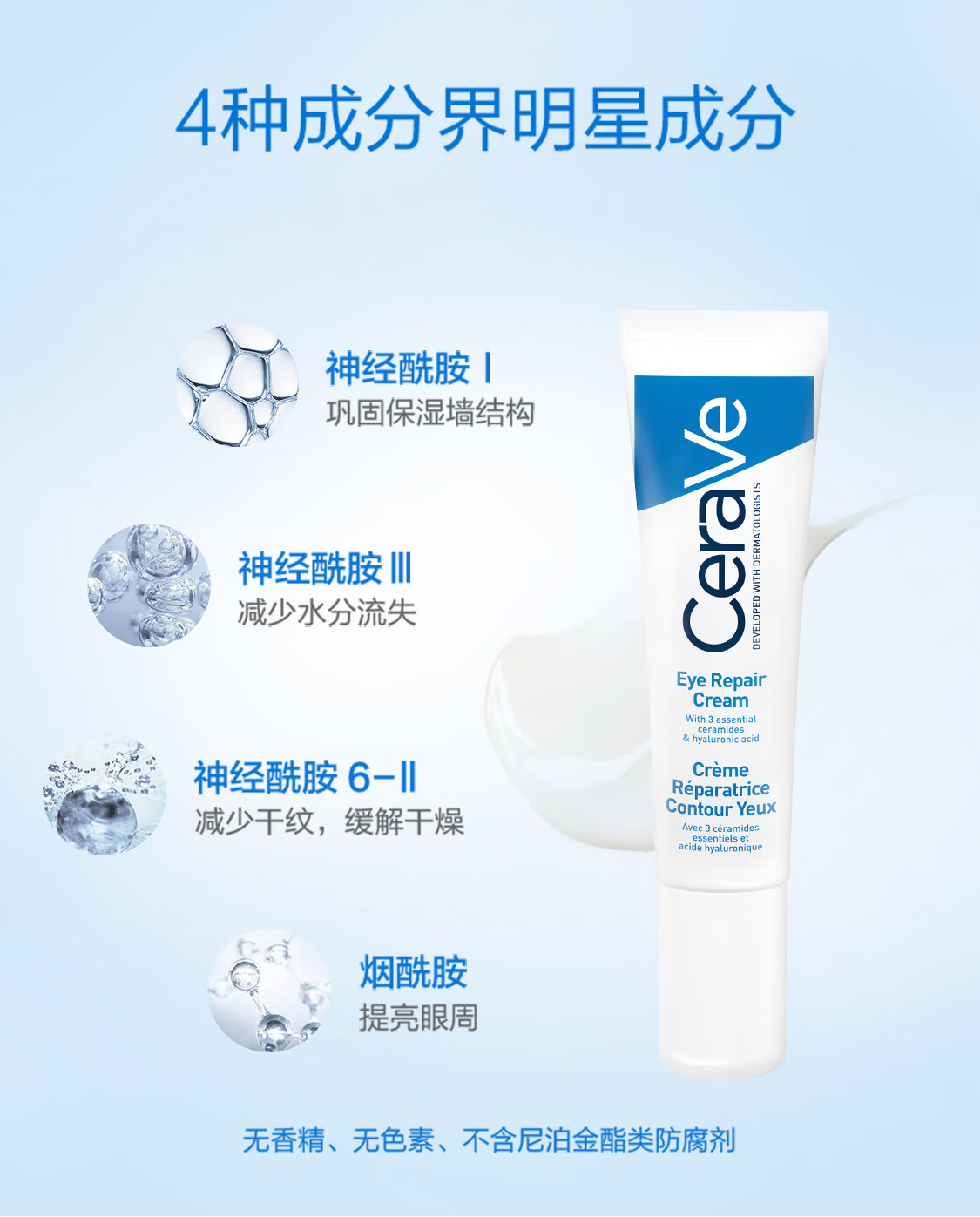 适乐肤（CeraVe）修护保湿眼霜14ml (抗皱淡化细纹黑眼圈男女通用护肤品）