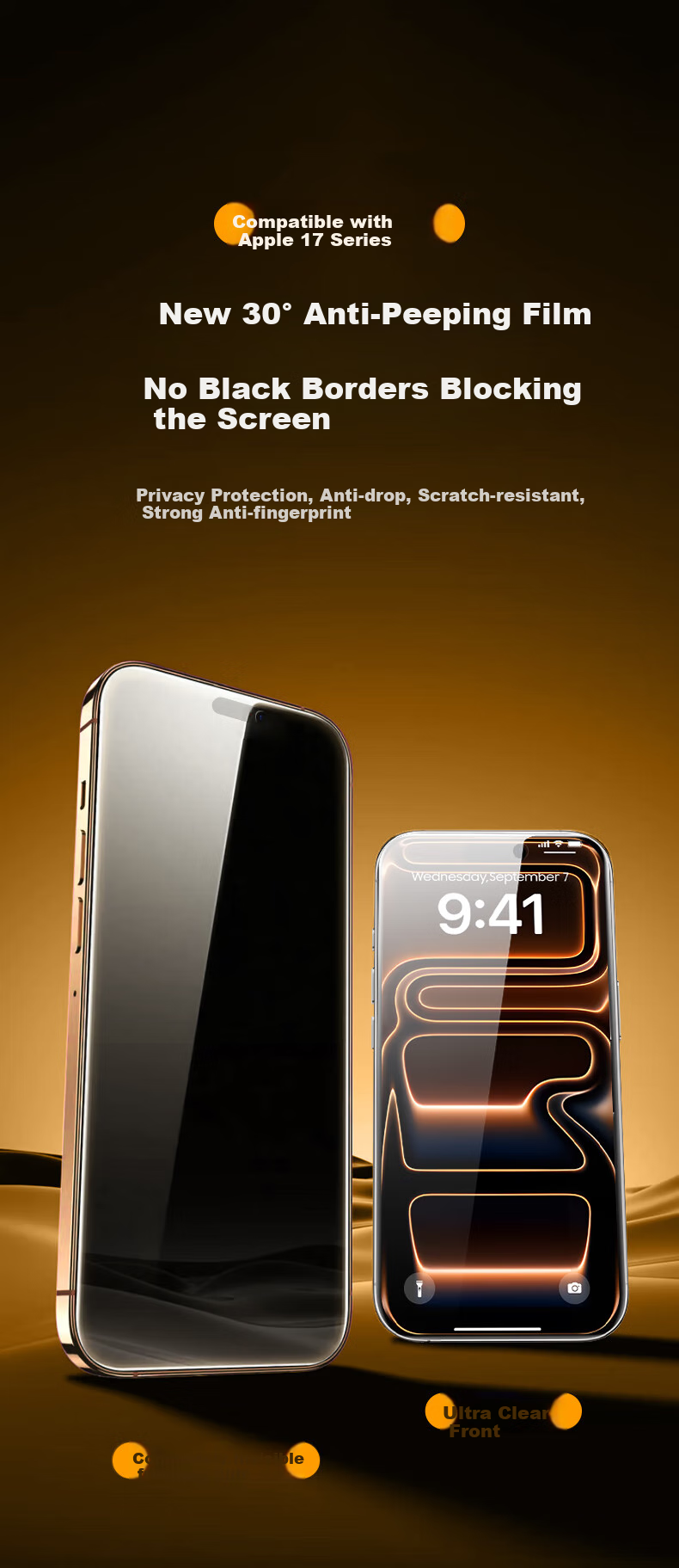 Защитное стекло LANGLING для Apple iPhone 17, 2 шт., противоударное, антибликовое, с защитой от подглядывания, 30°, без черной рамки, HD, закаленное стекло