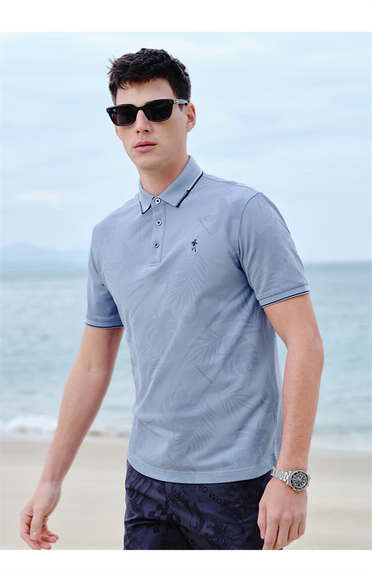 Мужская футболка-поло DANCING WOLVES, арт. HF017D8350240623501, серо-голубой, размер 190 (3XL), летняя, из хлопка и полиэстера, с коротким рукавом, для повседневной носки и бизнеса.