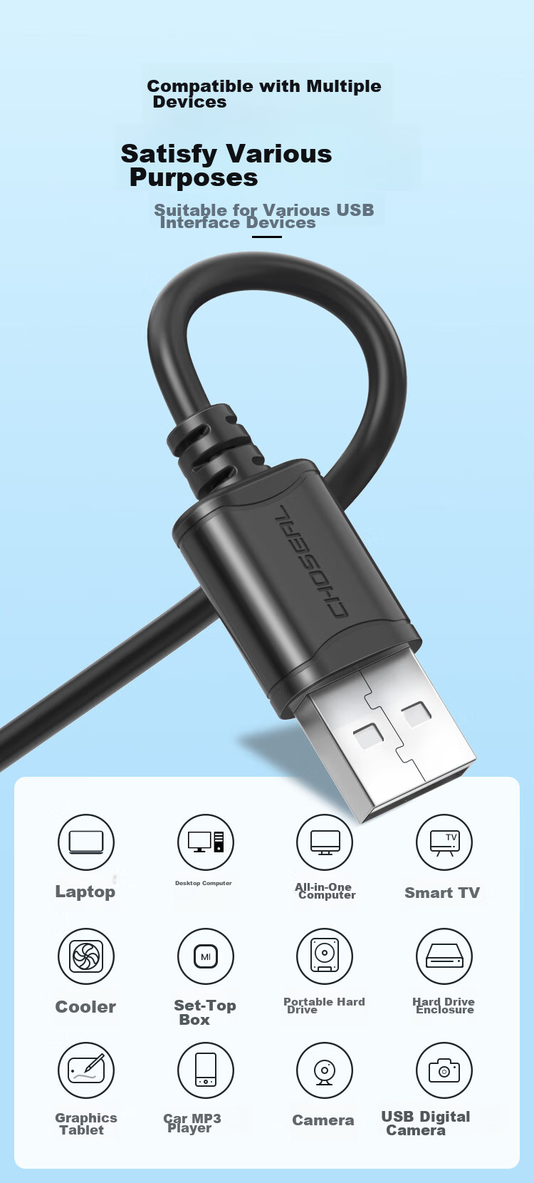 Кабель CHOSEAL QS5306A USB 2.0 Male to Male, двойной, 0.5 метра, черный