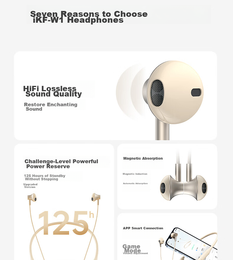 Беспроводные наушники iKF W1 S с шейным ободком, Bluetooth 5.4, внутриканальные, спортивные, для бега и игр, с низкой задержкой, качеством звука без потерь, шумоподавлением вызовов, длительным временем автономной работы, совместимы с телефонами, цвет "Афинский черный"