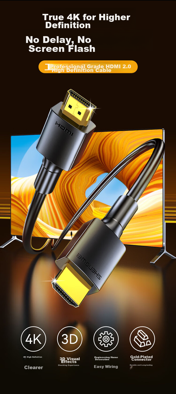 Кабель Shengwei HDMI 2.0, 3 метра, для компьютера и телевизора, 4K HD, 3D, поддержка 4K/60Hz, HDR, Dolby Atmos, позолоченные разъемы