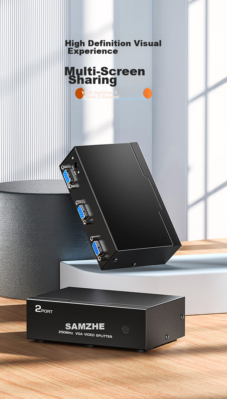 Разветвитель VGA SAMZHE HV-802W, 1 вход / 2 выхода, 250 МГц, поддержка HD 1080P, металлический корпус, черный
