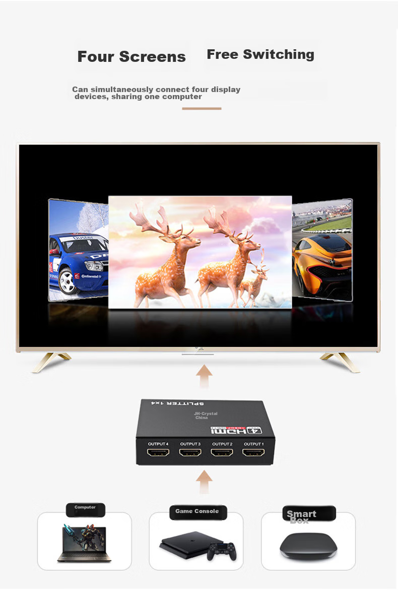 HDMI сплиттер Jinghua F211, 1 вход 4 выхода, 4K HD, для ТВ-приставки, компьютера, ноутбука, подключения к телевизору, проектору, монитору, черный