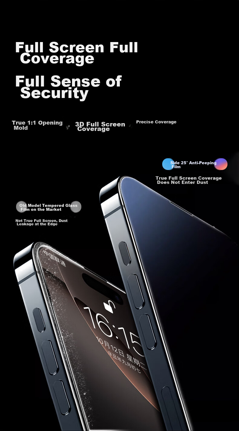 Защитное стекло LANGLING для Apple iPhone 16, антишпионское, 25°, закаленное, полное покрытие, против отпечатков пальцев, 2 шт.