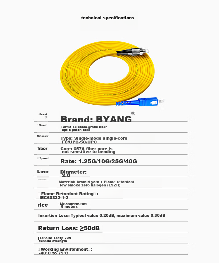 Оптический патч-корд BOYANG SC-FC (UPC), 5 метров, одномодовый, одножильный, Φ2.0, огнестойкий LSZH