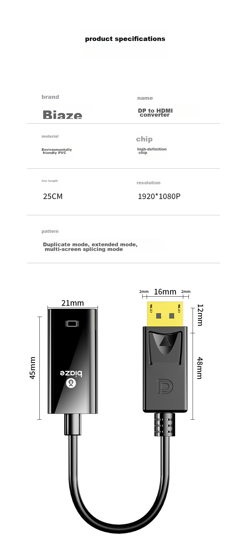 Кабель-адаптер BIAZE DisplayPort (DP) на HDMI, 1080P HD, мужской на женский, для подключения ноутбуков и настольных компьютеров к мониторам и проекторам
