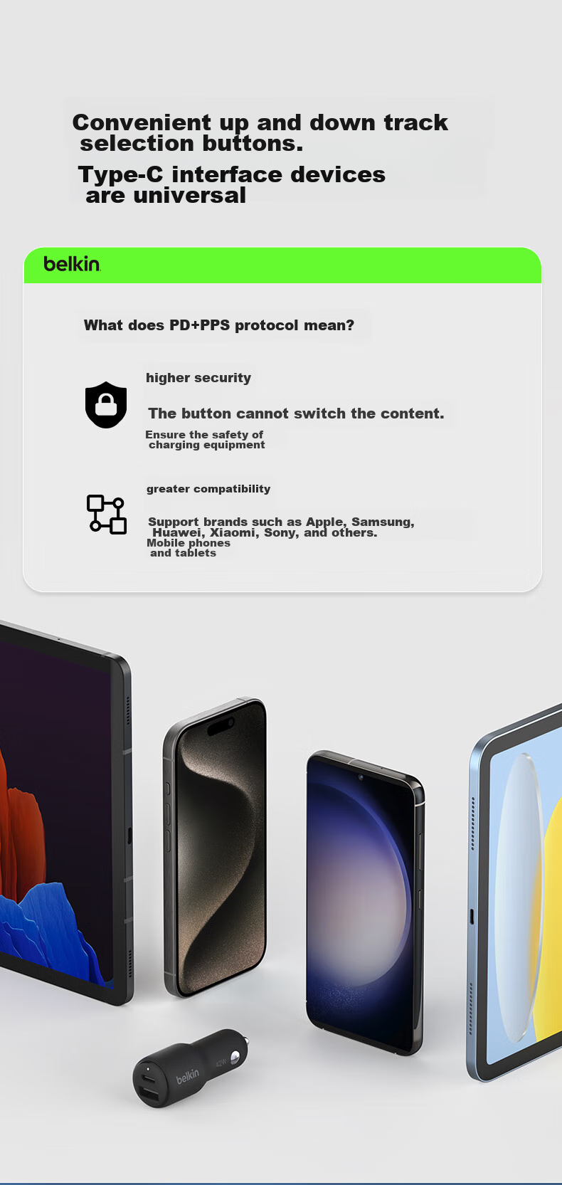 Автомобильное зарядное устройство BELKIN Type-C, 30 Вт, быстрая зарядка Apple PD, адаптер USB от прикуривателя, CCA004