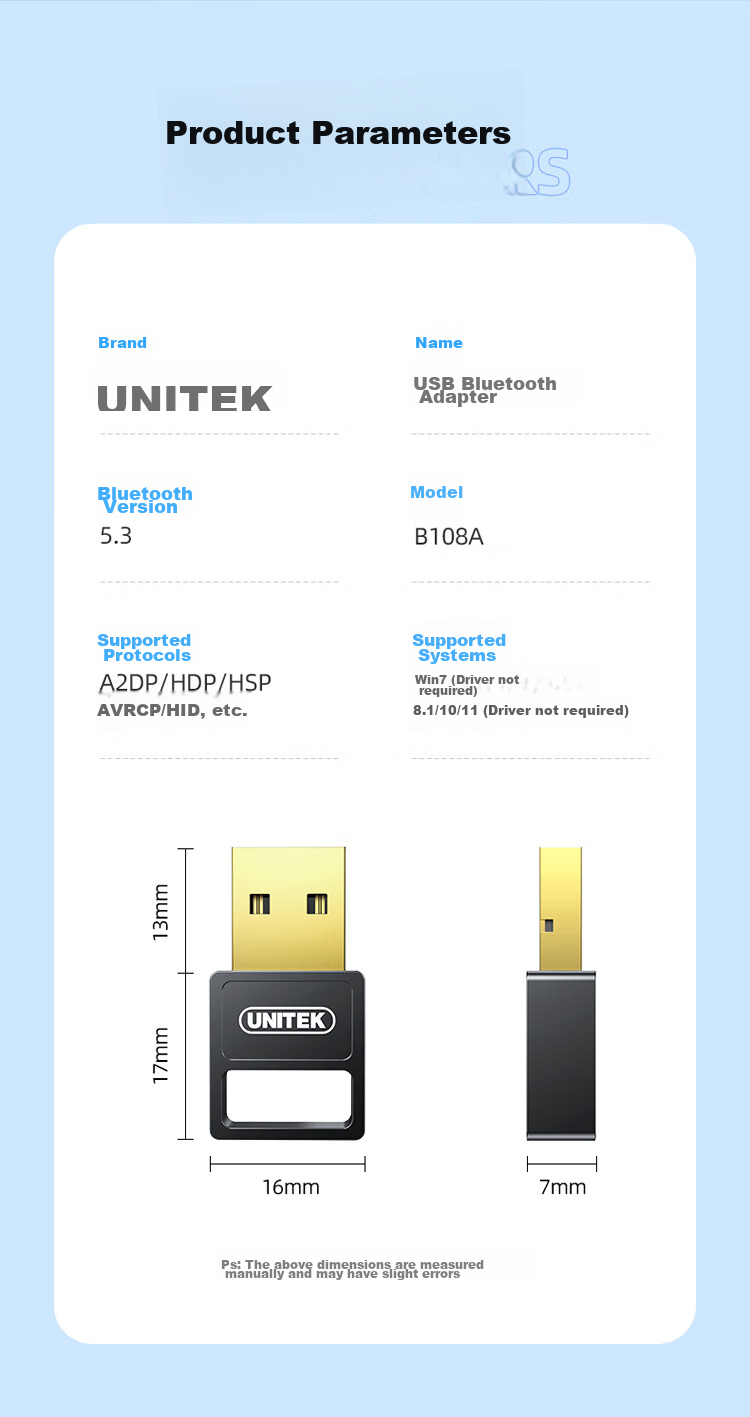 Адаптер UNITEK USB Bluetooth 5.3, приемник Bluetooth для ПК, беспроводное подключение для мыши, клавиатуры, наушников, колонок, модель B108A