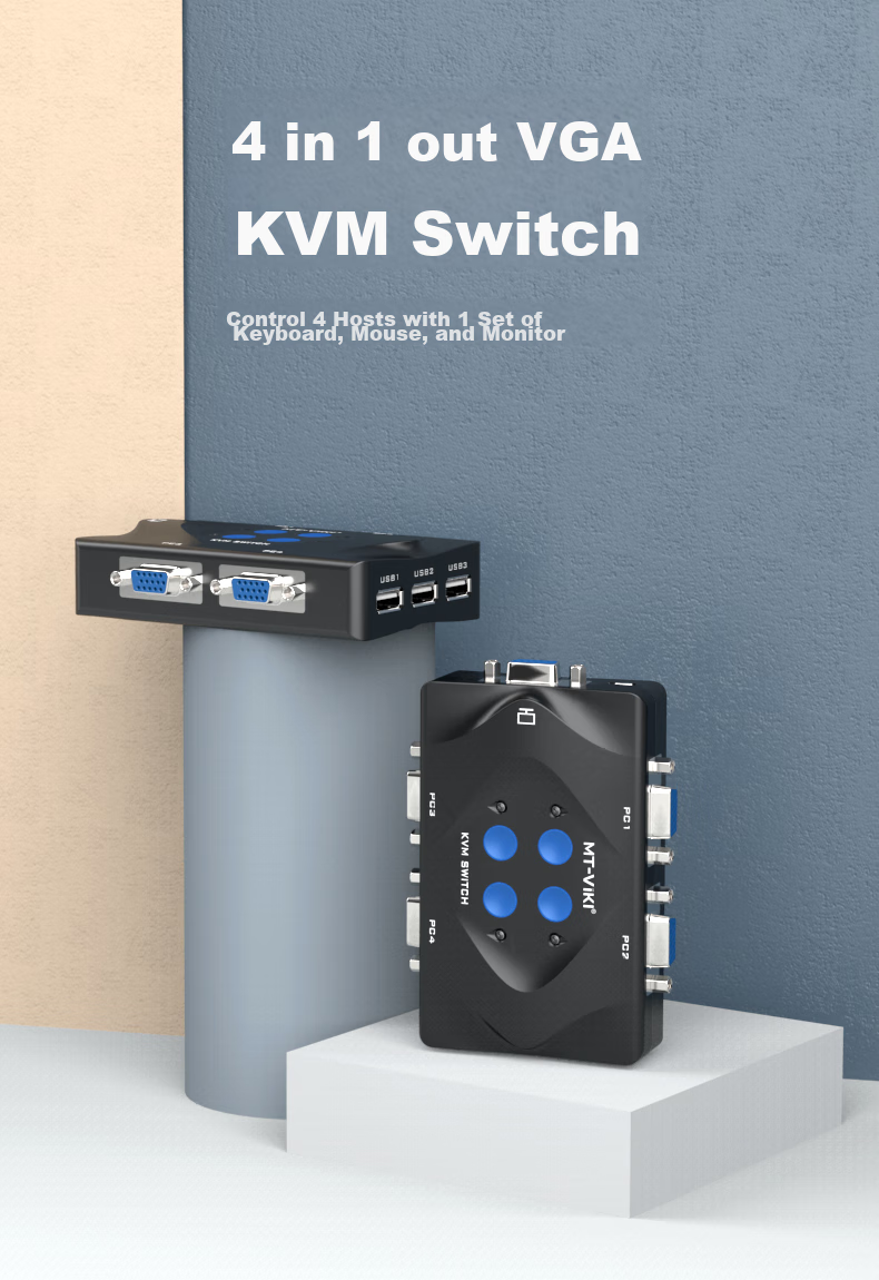 KVM-переключатель MT-Viki MT-401, 4-портовый, VGA, USB, с кабельным управлением и кнопками