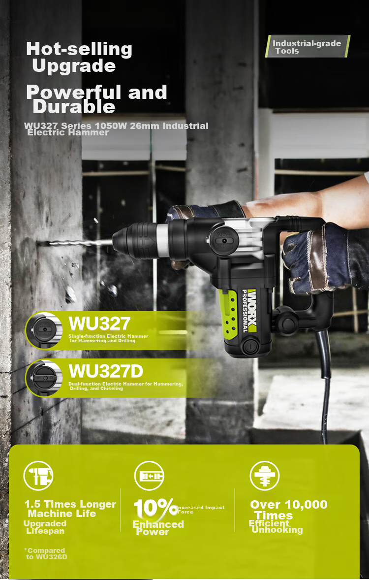 Ударная дрель WORX WU327D 1050 Вт, 26 мм, двойного назначения, с регулировкой скорости, патрон 4-х кулачковый