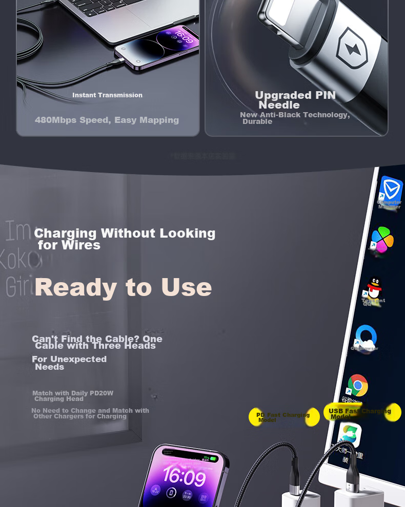 Кабель Nengshi для зарядки 3-в-1, Type-C, Lightning, Micro-USB, 1 метр, зеленый