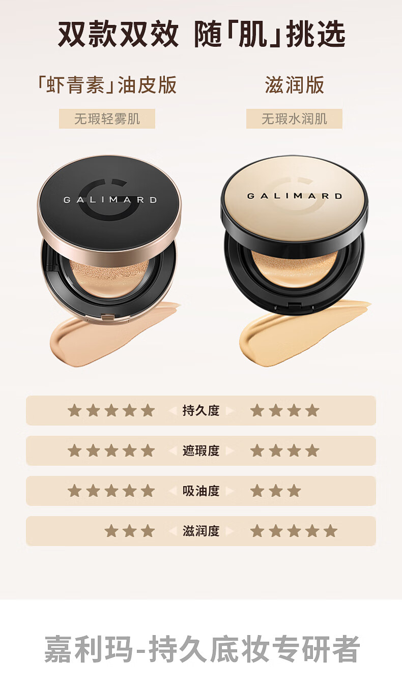 嘉利玛（GALIMARD）虾青素气垫油皮遮瑕干皮控油保湿持妆 15g 油皮版-N02暖肤色