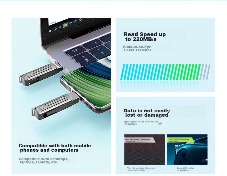 USB-накопитель Aigo W381 Type-C USB3.2 128GB, скорость чтения 220 МБ/с, металлический корпус, серый