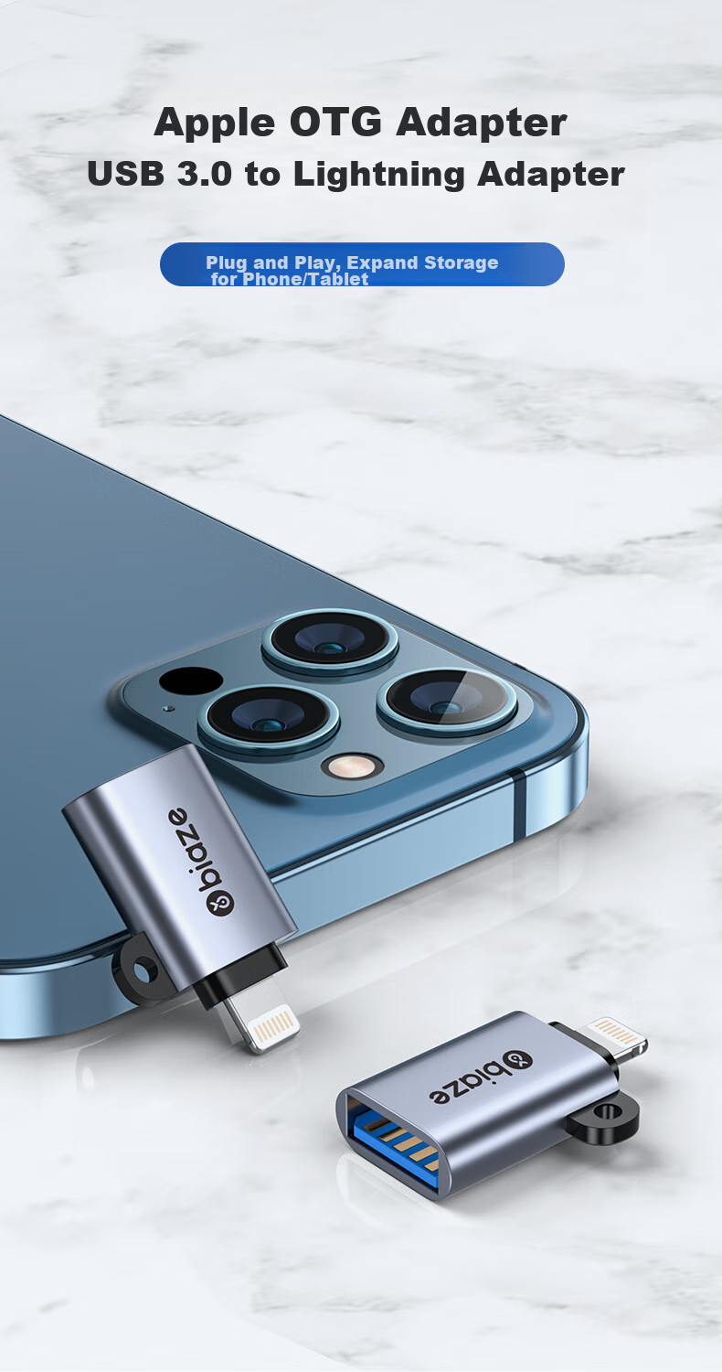 Адаптер BIAZE Apple OTG, конвертер Lightning на USB 3.0, поддержка внешних накопителей, клавиатур, мышей, камер для iPad и iPhone