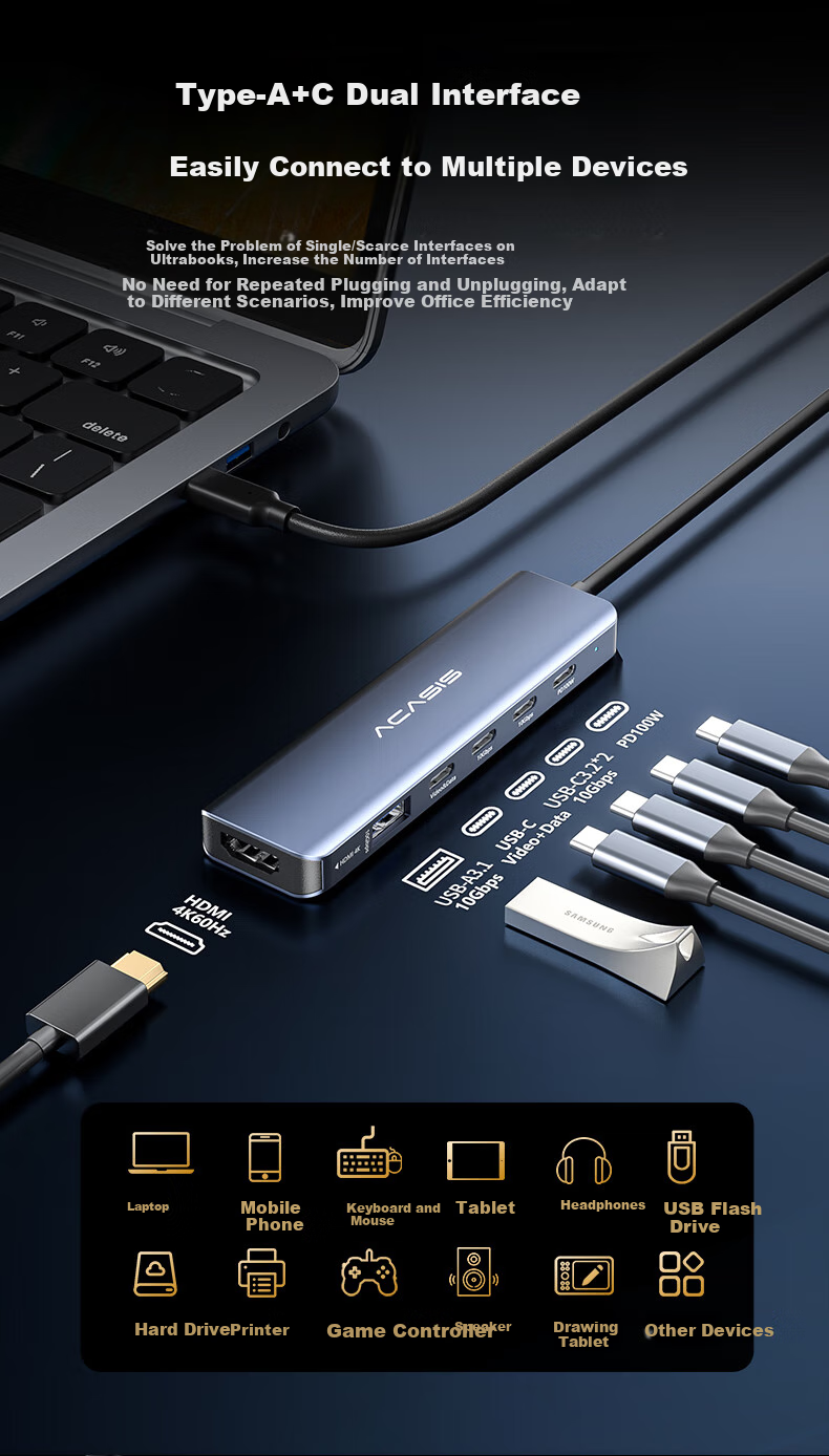 JD Адаптер-хаб Acasis HB-0101 Type-C, 6-в-1, USB-C, HDMI 4K@60Hz, 10Gbps, 100W PD, алюминиевый сплав, серебристый