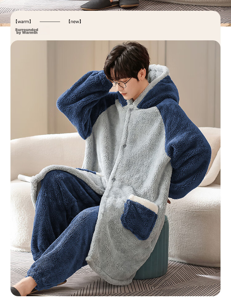 Мужской зимний домашний комплект Nanjiren, фланелевый халат с капюшоном и штанами, домашняя одежда для улицы, кофе с серым, 3XL