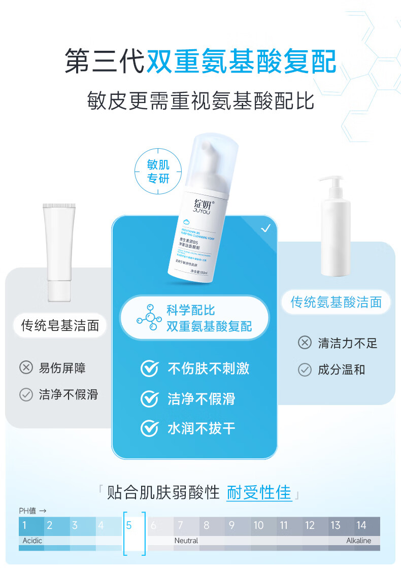 绽妍维生素b5氨基酸洁面乳慕斯泡沫100ml敏感肌洗面奶去角质黑头祛痘