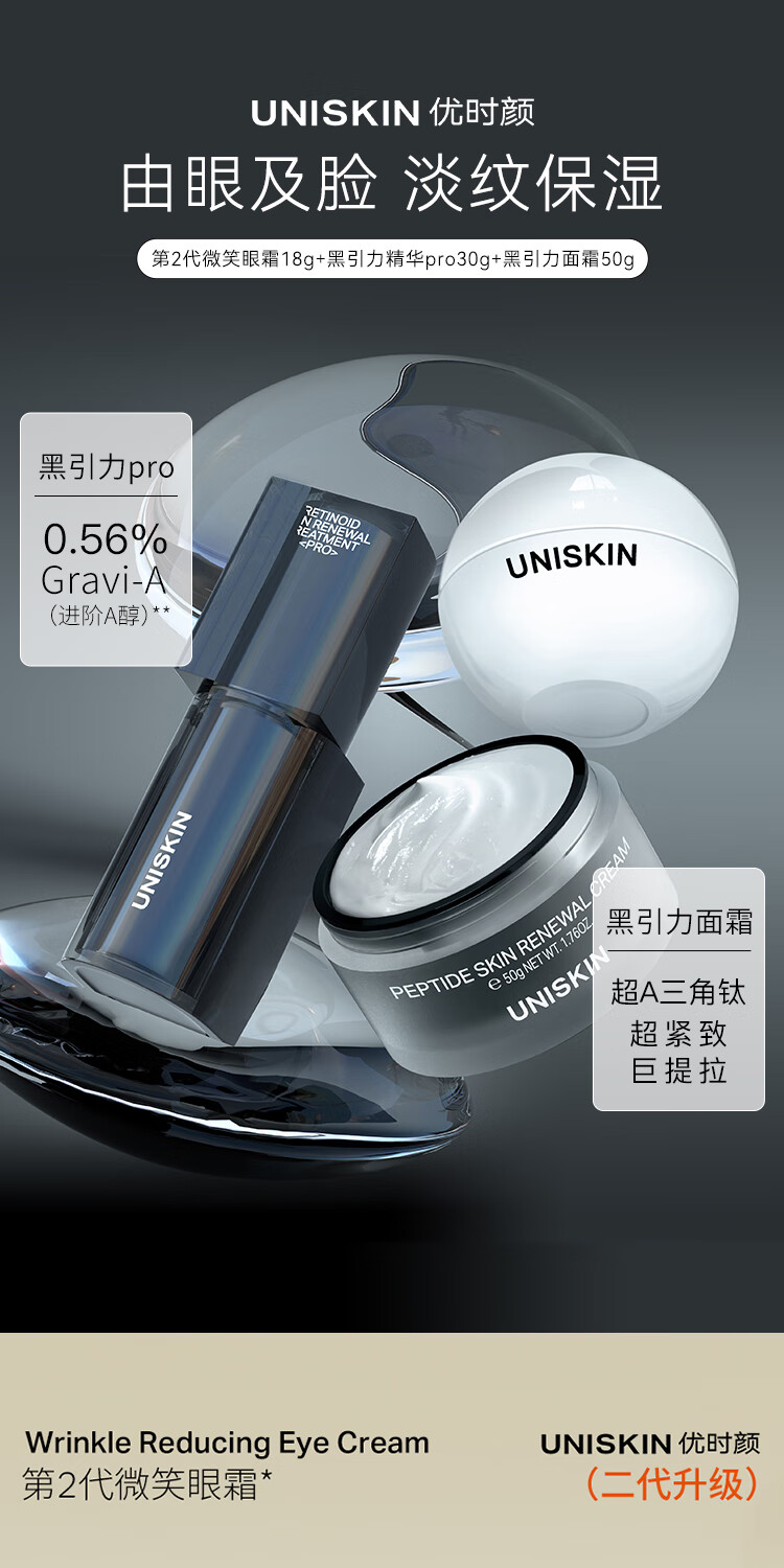 优时颜（UNISKIN）化妆品面部套装礼盒微笑眼霜二代黑引力面霜面部精华进阶版紧致