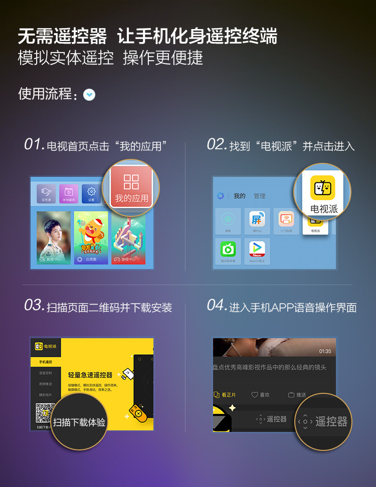 无需遥控器让手机化身遥控终端模拟实体遥控操作更便捷使用流程:●01.电视首页点击“我的应用02.找到“电视派”并点击进入我的应用③我的管理电视派03扫描页面二维码并下载安装04进入手机AP语音操作界面电酒点优秀高峰影视作品中的那么经典的镜头轻量急速遥控器8看正片喜欢扫描下载体验遥控器(0遥控器-推好价 | 品质生活 精选好价