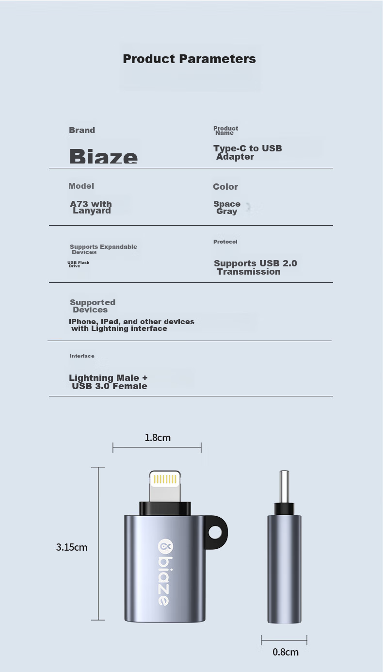 Адаптер BIAZE Apple OTG, конвертер Lightning на USB 3.0, поддержка внешних накопителей, клавиатур, мышей, камер для iPad и iPhone