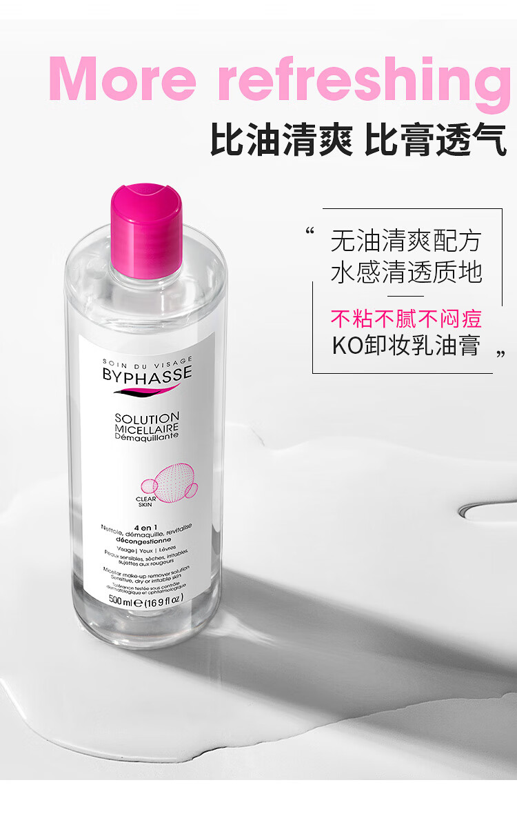 蓓昂斯（BYPHASSE）净颜卸妆水500mlx2支+卸妆棉*2(蓓昂丝卸妆液卸妆油温和不刺激）