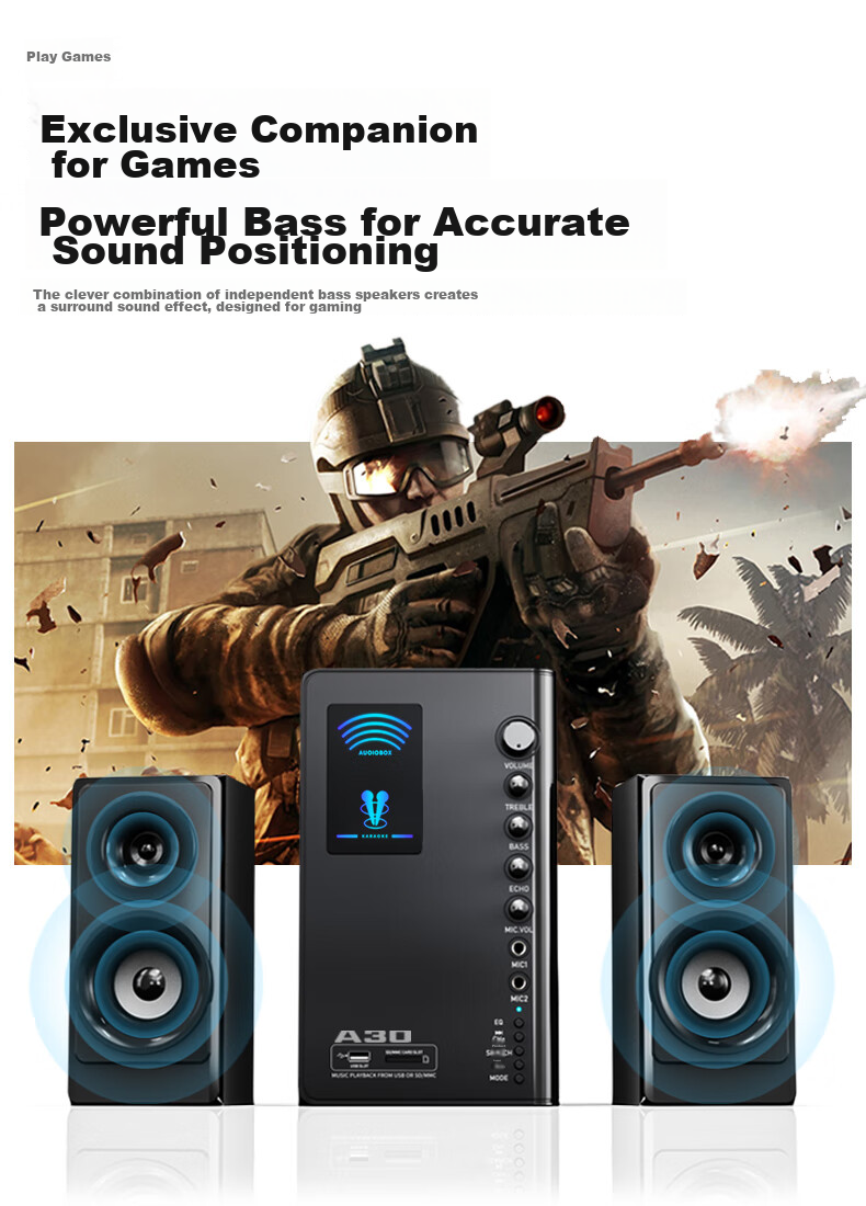 Акустическая система SADA A30, 2.1, Bluetooth 5.0, USB, AUX, оптический, коаксиальный, черный
