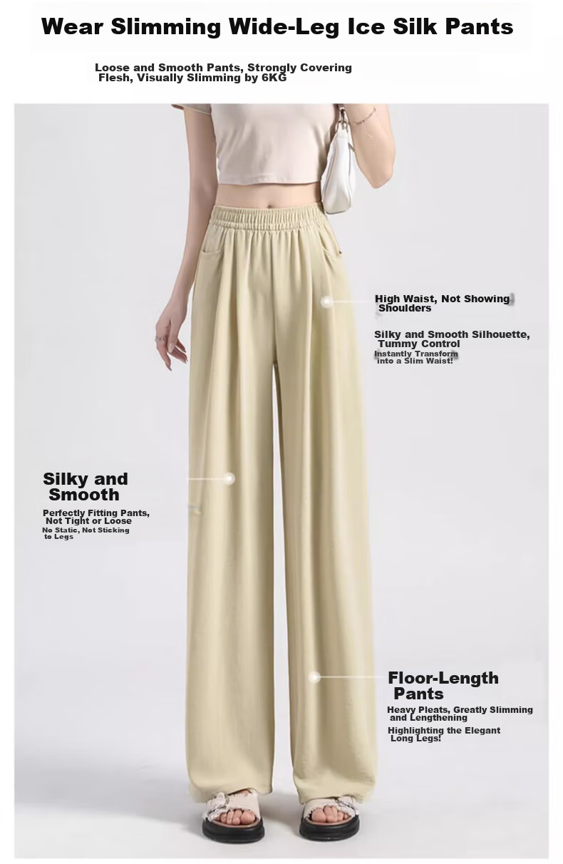 Женские брюки LangSha Ice Silk Wide-Leg Pants, летние, легкие, защищающие от солнца, с высокой талией, драпирующиеся, ленивого стиля, прямые, повседневные женские брюки