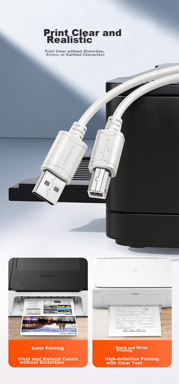 Кабель принтера CHOSEAL QS5307T3 USB 2.0, 3 метра, белый