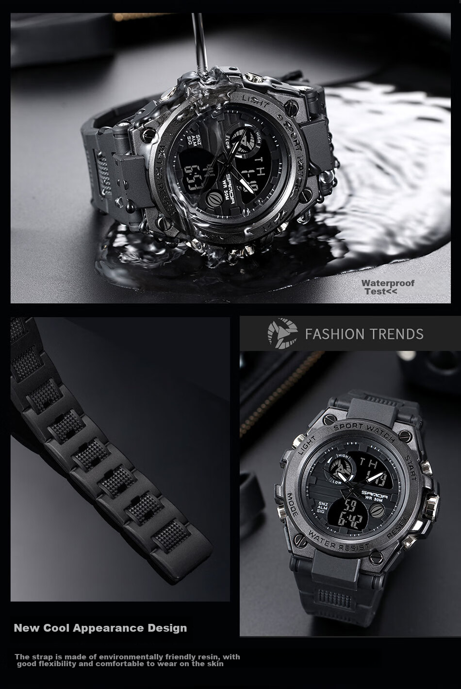 Мужские часы SANDA 739 Black Silver, спортивные электронные часы с будильником, водонепроницаемые до 30м, двойной дисплей