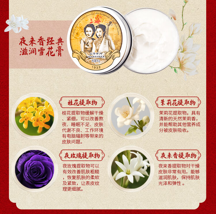 上海花好月圆四件套礼盒雪花膏护手霜乳液面霜国货不油腻礼物女