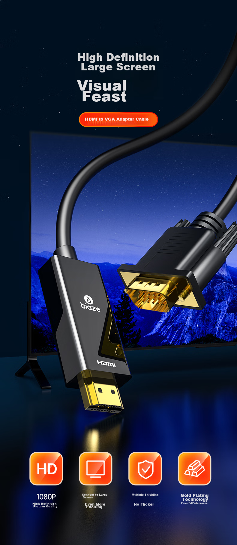 Кабель-переходник BIAZE HDMI на VGA 5 метров, черный, для подключения проектора, ноутбука, компьютера к телевизионной приставке Xiaomi, PS4