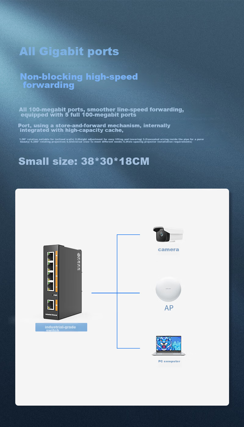 Промышленный коммутатор ZK-6500 Zhongkeguangdian с 5 портами, промышленный Ethernet-коммутатор, монтируемый на DIN-рейку, без блока питания. Диапазон рабочих температур от -30°C до +75°C, защита от перенапряжения 6000В, IP40.