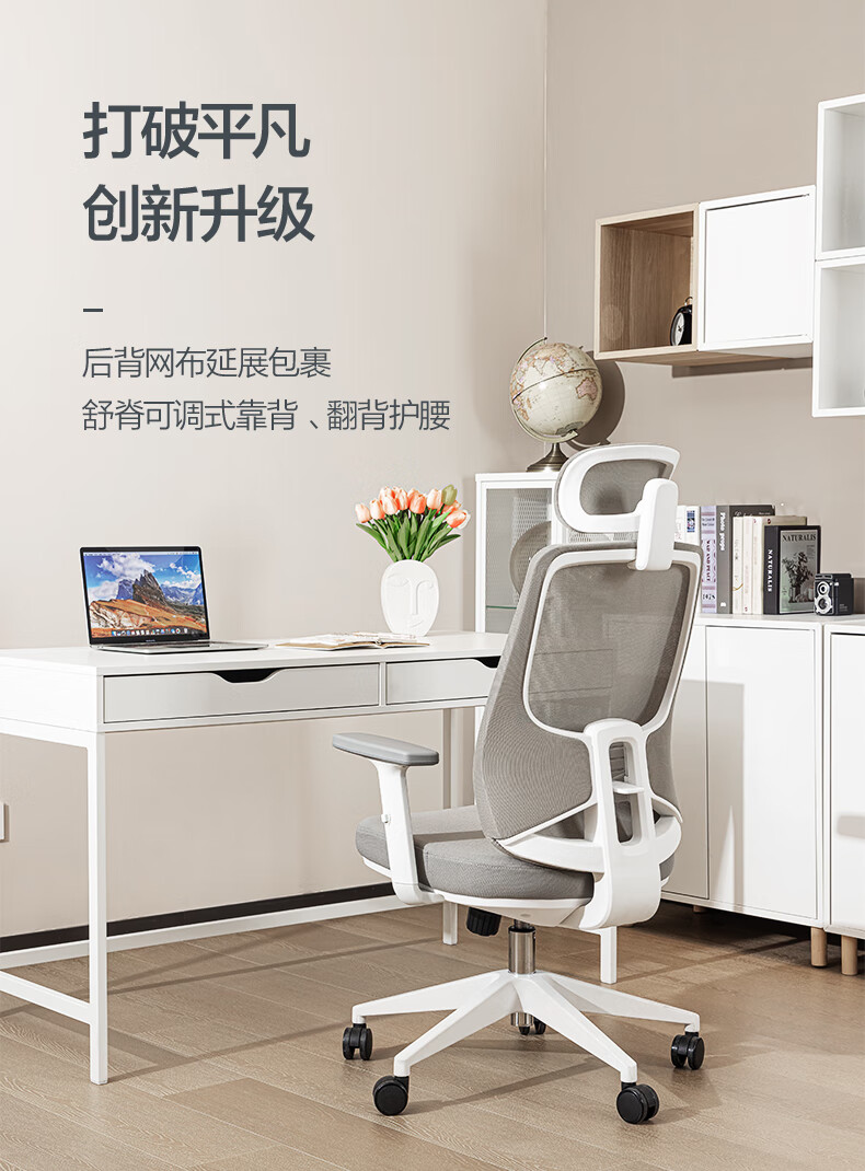 得力 时光椅 全新翻背设计电脑椅 腰靠头枕可调办公椅 升降扶手居家椅 三档锁定人体工学椅 气质白框灰网